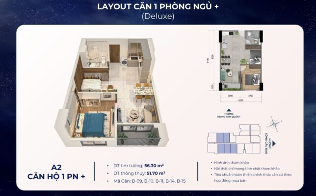 thiet ke layout 1pn deluxe thap mika can ho khai hoan prime
